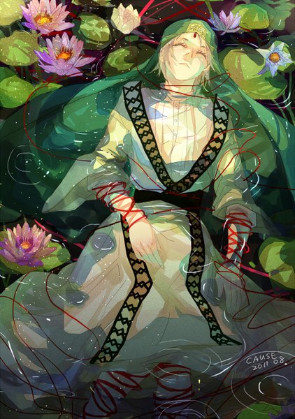 Anime picture 1000x1422 with magi the labyrinth of magic a-1 pictures ja'far (magi) cause single tall image short hair signed white hair lying eyes closed freckles boy flower (flowers) water headdress thread red thread water lily arabian clothes