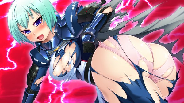 Anime picture 1280x720 with sangoku hime unicorn-a blush short hair open mouth blue eyes light erotic wide image game cg ass aqua hair torn clothes girl