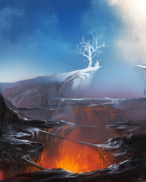 Anime picture 1200x1500 with original sakimichan tall image sky mountain landscape silhouette rock lava boy plant (plants) animal tree (trees) bird (birds) hood cloak staff fire