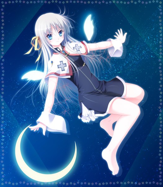 Anime picture 1050x1200 with original yuunagi yuu single long hair tall image blue eyes white hair barefoot spread arms crescent girl ribbon (ribbons) wings star (stars)