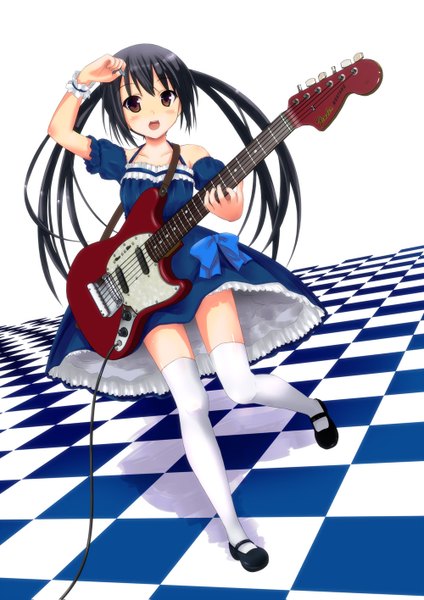 Anime picture 1000x1415 with k-on! kyoto animation nakano azusa kisaragi miyu kazuboh long hair tall image blush open mouth black hair twintails brown eyes girl thighhighs dress white thighhighs guitar electric guitar