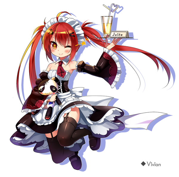 Anime picture 1000x990 with original vivian (mvv) mvv single long hair blush twintails full body red hair one eye closed wink maid orange eyes transparent background girl thighhighs dress black thighhighs detached sleeves necktie