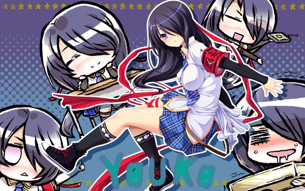 Anime picture 1680x1050 with bura bura coffee cat long hair fringe black hair wide image purple eyes hair over one eye chibi solid eyes girl uniform school uniform serafuku