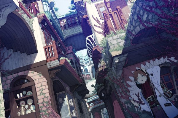 Anime picture 1200x801 with original honya lala short hair brown hair aqua eyes open clothes open jacket city cityscape alley boy plant (plants) window scarf curtains cat grass backpack wall balcony