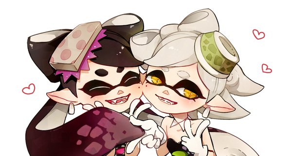 Anime picture 1118x600 with splatoon nintendo aori (splatoon) hotaru (splatoon) komichi96 long hair blush short hair black hair simple background wide image white background bare shoulders multiple girls yellow eyes looking away silver hair upper body eyes closed pointy ears