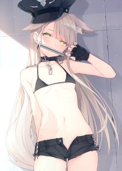 Anime picture 2105x2958 with original rurudo single long hair tall image looking at viewer blush fringe highres breasts light erotic blonde hair standing bare shoulders animal ears yellow eyes head tilt arm up scan bare belly