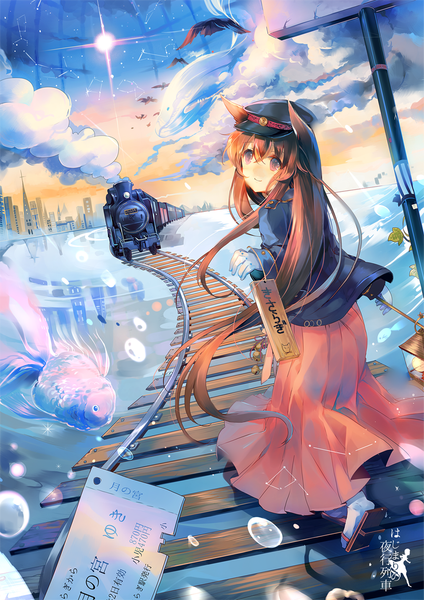 Anime picture 871x1232 with original kirero (pixiv) single long hair tall image brown hair animal ears cloud (clouds) pink eyes looking back girl dress animal bird (birds) bubble (bubbles) fish (fishes) peaked cap train