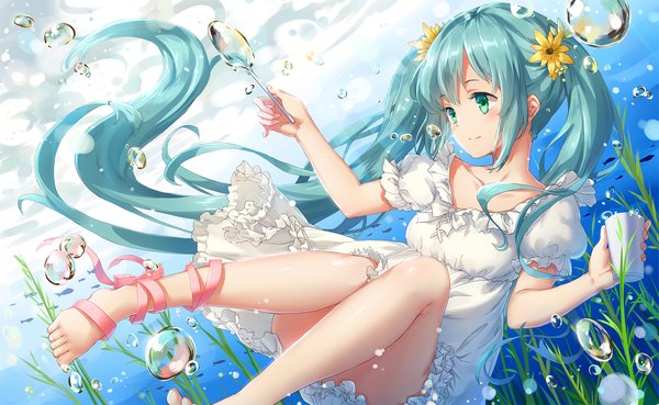 Anime picture 1785x1100 with vocaloid hatsune miku pollia single highres wide image twintails blue hair very long hair barefoot hair flower aqua eyes bare legs girl dress hair ornament flower (flowers) ribbon (ribbons) bubble (bubbles)