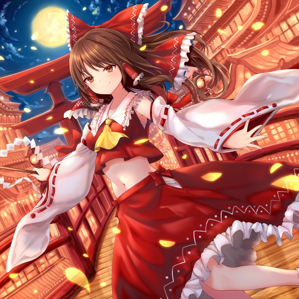 Anime picture 1736x1736 with touhou hakurei reimu suke single long hair blush fringe highres smile brown hair standing holding brown eyes looking away cloud (clouds) outdoors traditional clothes japanese clothes wind night