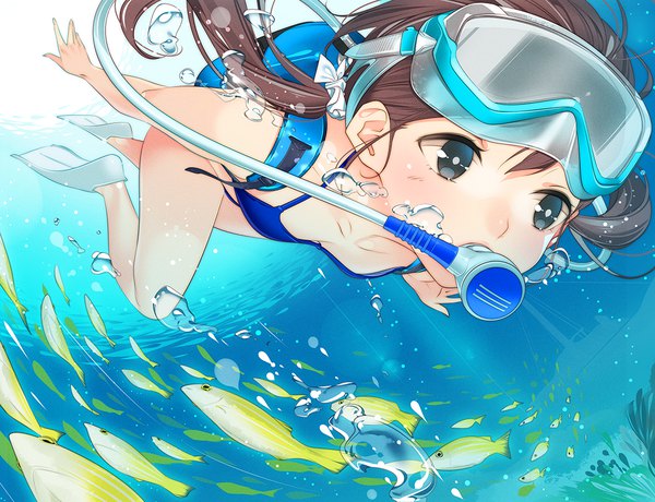 Anime picture 1100x845 with original ama mitsuki single long hair blush breasts brown hair twintails bare shoulders looking away full body black eyes bare legs bare belly partially submerged low twintails flat chest bare back goggles on head swimming