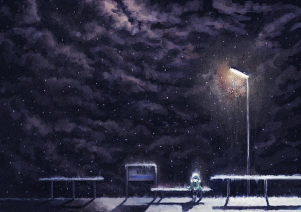 Anime picture 1000x707 with original ashi kyuuyuu sitting cloud (clouds) night shadow snowing winter snow hood lantern child (children) bench