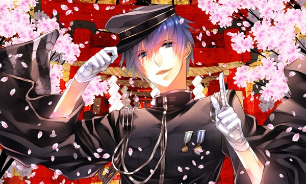Anime picture 1000x600 with vocaloid kaito (vocaloid) single looking at viewer short hair blue eyes wide image blue hair cherry blossoms boy gloves uniform plant (plants) petals tree (trees) military uniform cap peaked cap
