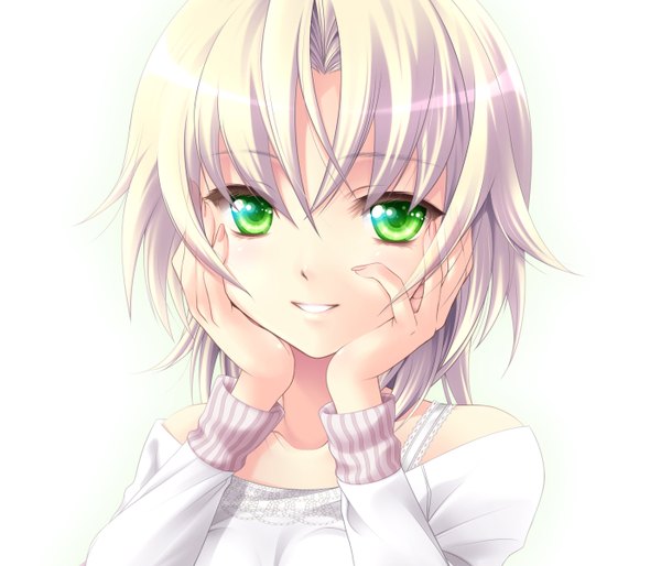 Anime picture 1400x1200 with memories off memories off 6 kagamigawa chloe aizawa kotarou single short hair simple background blonde hair smile white background green eyes face cropped girl