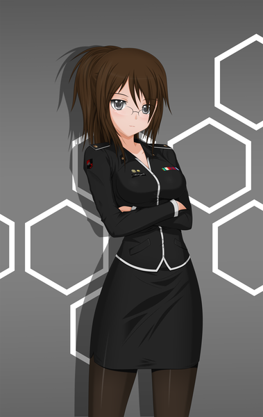 Anime picture 1600x2529 with midnight (artist) single tall image looking at viewer short hair brown hair crossed arms silver eyes girl uniform pantyhose glasses