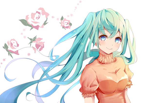 イラスト 2806x1984 と ボーカロイド 初音ミク ぴよここ ソロ カメラ目線 前髪 highres 青い目 simple background hair between eyes 白背景 ツインテール upper body very long hair light smile aqua hair short sleeves puffy sleeves floating hair 女の子