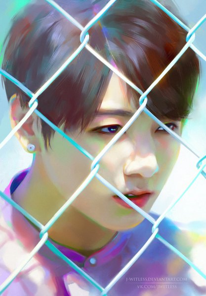 Anime picture 1080x1554 with real life bts jeon jungkook (bts) j-witless single tall image fringe short hair blue eyes brown hair signed looking away upper body parted lips lips realistic against fence boy earrings fence