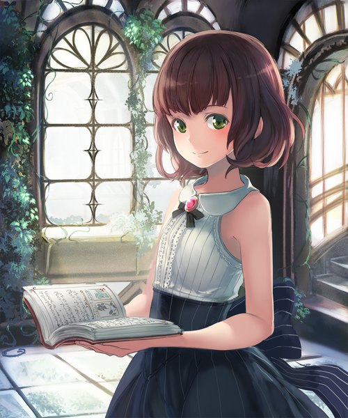 Anime picture 800x960 with original uro (uro zi) single tall image looking at viewer blush fringe short hair breasts brown hair standing green eyes light smile midriff sleeveless flat chest girl dress flower (flowers) bow