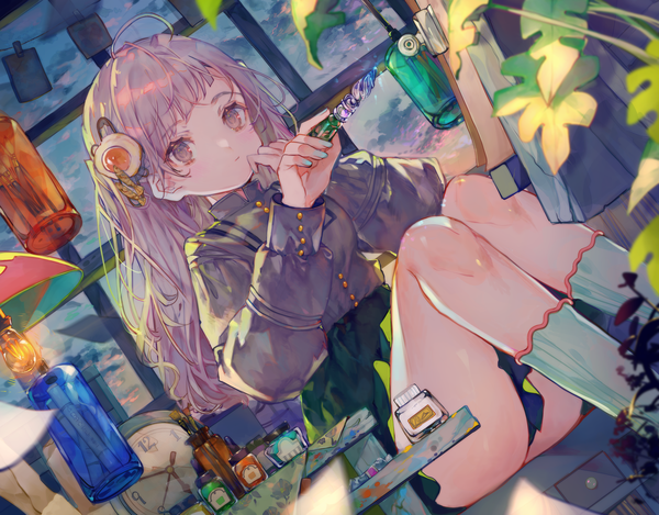 Anime picture 2000x1564 with original cha goma single long hair fringe highres light erotic sitting holding looking away pink hair sky cloud (clouds) blunt bangs long sleeves nail polish pink eyes dutch angle painting girl