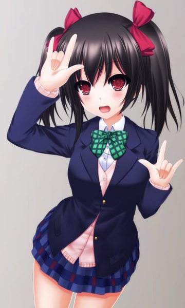 Anime picture 3000x5000 with love live! school idol project sunrise (studio) love live! yazawa nico toyokawa itsuki (p mayuhime) single tall image blush highres short hair open mouth black hair simple background red eyes twintails grey background mmm girl skirt uniform