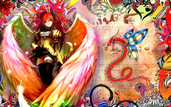 Anime picture 1920x1200 with aquarian age tachikawa mushimaro (bimo) single long hair highres red eyes wide image red hair angel graffiti girl thighhighs gloves hair ornament hat wings