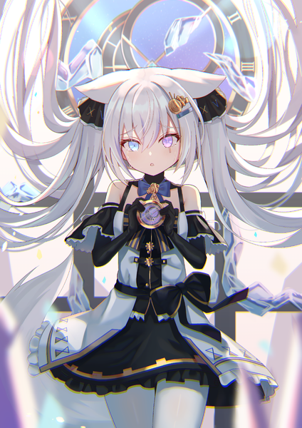 Anime picture 1654x2339 with original f (milfaaaaa) single tall image looking at viewer blush fringe open mouth hair between eyes standing twintails bare shoulders animal ears white hair tail very long hair animal tail :o fox ears tears