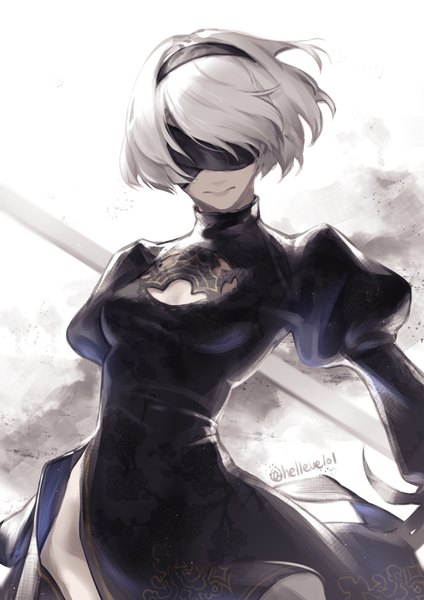 Anime picture 2894x4093 with nier nier:automata yorha no. 2 type b helleve single tall image highres short hair signed silver hair puffy sleeves twitter username blindfold girl dress black dress headband