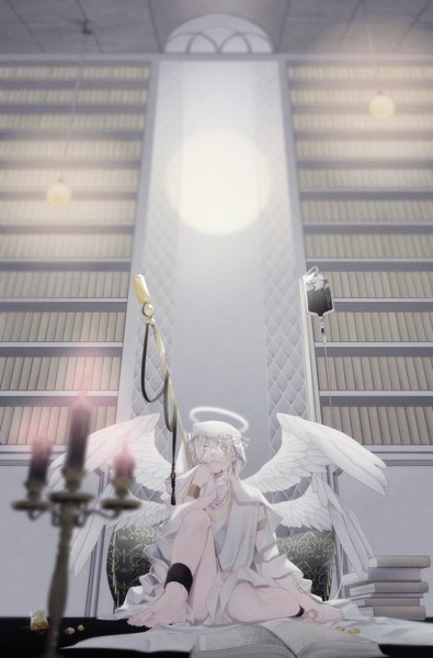 Anime picture 2500x3800 with original kugusarasiki single long hair tall image highres sitting holding yellow eyes full body bent knee (knees) white hair indoors traditional clothes barefoot arm up from below tears facial mark angel wings