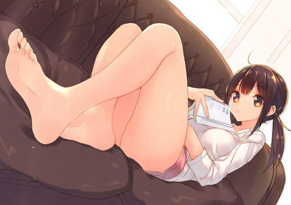 Anime picture 842x595 with original suisen single long hair looking at viewer fringe light erotic brown hair twintails brown eyes ahoge bent knee (knees) barefoot bare legs no shoes reclining girl shorts window book (books)