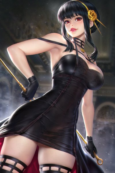 Anime picture 2400x3597 with spy x family yor briar nudtawut thongmai single long hair tall image looking at viewer blush fringe highres breasts light erotic black hair smile red eyes large breasts standing holding indoors blunt bangs