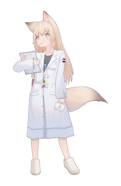 Anime picture 2679x4096 with original puremage single long hair tall image looking at viewer fringe highres simple background blonde hair standing white background holding animal ears full body tail long sleeves animal tail inscription fox ears