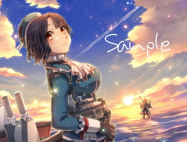 Anime picture 1086x823 with kantai collection atago heavy cruiser takao heavy cruiser mika (1020mk) blush short hair black hair smile red eyes multiple girls sky cloud (clouds) evening sunset horizon girl dress weapon 2 girls sea