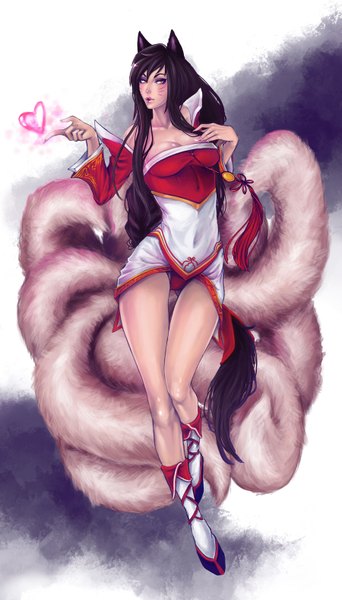 Anime picture 900x1575 with league of legends ahri (league of legends) rikanee single tall image blush light erotic black hair bare shoulders animal ears yellow eyes cleavage tail braid (braids) very long hair animal tail lips fox ears facial mark fox tail