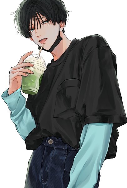 Anime-Bild 1834x2700 mit original snnniki single tall image looking at viewer highres short hair blue eyes black hair simple background standing white background from below mask pull boy tongue t-shirt drink disposable cup surgical mask