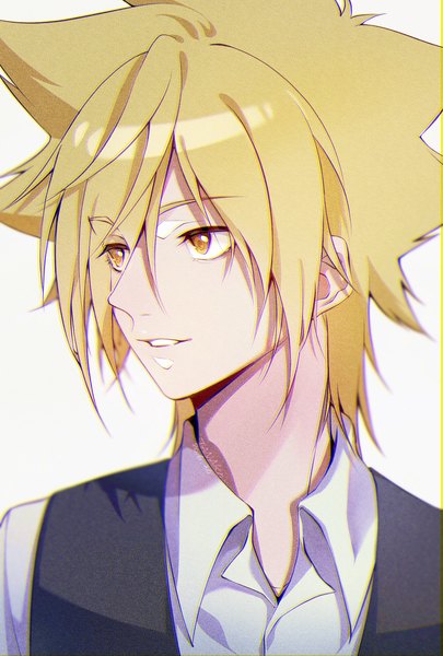 Anime picture 1181x1748 with katekyou hitman reborn vongola primo giotto tanako (645316096) single tall image short hair simple background blonde hair white background yellow eyes looking away upper body parted lips turning head boy