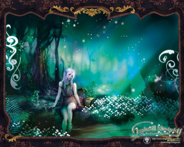 Anime picture 1280x1024 with yggdrasill minstrelsy usudahiro single long hair blue eyes sitting silver hair legs girl hair ornament flower (flowers) plant (plants) tree (trees) water forest clothes