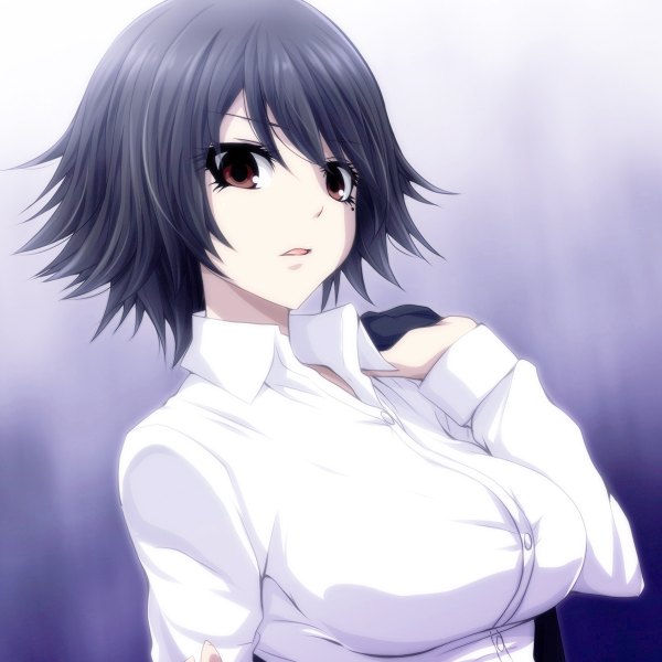Anime picture 1200x1200 with ajin shimomura izumi watarui single looking at viewer fringe short hair breasts open mouth black hair large breasts brown eyes open collar girl shirt white shirt