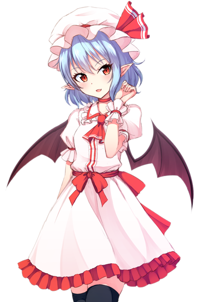 Anime picture 1682x2549 with touhou remilia scarlet junior27016 single tall image looking at viewer fringe short hair open mouth simple background hair between eyes red eyes white background blue hair head tilt pointy ears short sleeves fang (fangs) zettai ryouiki puffy sleeves