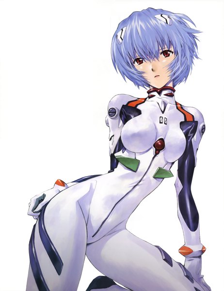 Anime picture 5827x7568 with neon genesis evangelion gainax ayanami rei sadamoto yoshiyuki single tall image looking at viewer highres short hair simple background red eyes white background blue hair absurdres hand on hip girl bodysuit pilot suit