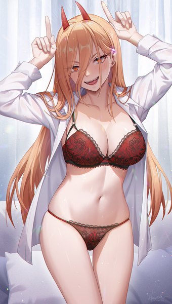 Anime picture 1020x1800 with chainsaw man mappa power (chainsaw man) hayate (leaf98k) single long hair tall image looking at viewer fringe breasts open mouth light erotic smile hair between eyes standing signed indoors long sleeves head tilt :d