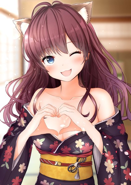 Anime picture 1191x1684 with idolmaster idolmaster cinderella girls ichinose shiki monaka curl single long hair tall image looking at viewer blush fringe breasts open mouth blue eyes light erotic brown hair bare shoulders animal ears cleavage ahoge upper body