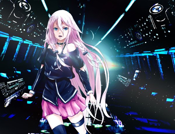 Anime picture 1500x1154 with vocaloid ia (vocaloid) tanikku single long hair looking at viewer open mouth blue eyes standing bare shoulders pink hair braid (braids) pleated skirt light dark background girl thighhighs skirt black thighhighs detached sleeves