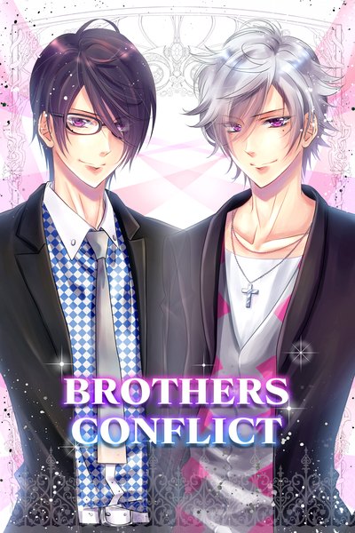 Anime picture 1200x1800 with brothers conflict idea factory asahina tsubaki asahina azusa mana nozuki tall image looking at viewer fringe short hair smile purple eyes silver hair purple hair light smile mole mole under eye glowing siblings twins brothers