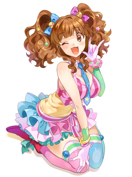 Anime picture 700x935 with idolmaster idolmaster cinderella girls moroboshi kirari inzup single long hair tall image looking at viewer blush breasts open mouth simple background brown hair large breasts white background sitting twintails brown eyes full body one eye closed