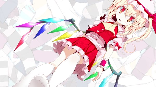 Anime picture 1920x1080 with touhou flandre scarlet oouso (usotsukiya) single highres short hair blonde hair red eyes wide image one side up girl thighhighs dress skirt white thighhighs wings wrist cuffs bonnet skirt set crystal