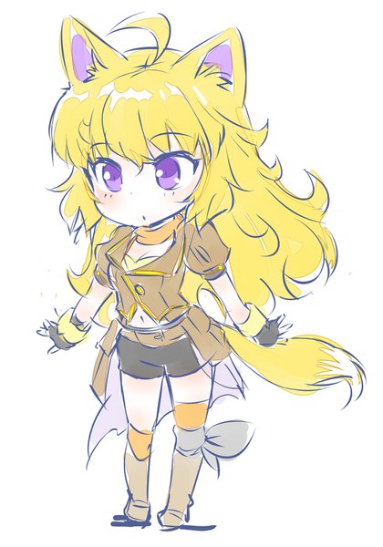 Anime picture 1119x1600 with rwby rooster teeth yang xiao long iesupa single long hair tall image breasts simple background blonde hair standing white background purple eyes animal ears cleavage full body ahoge tail animal tail cat ears