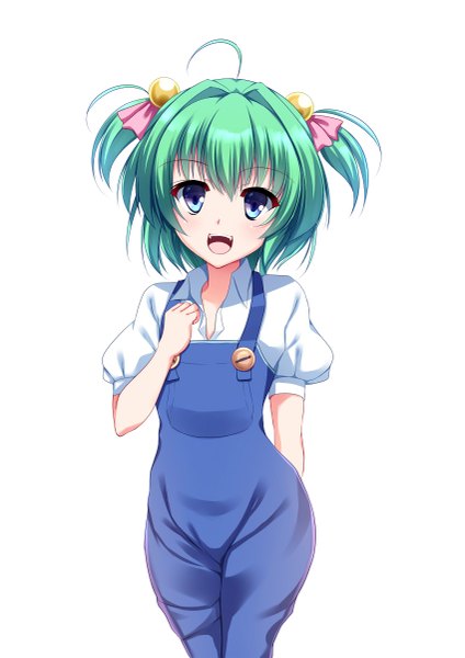 Anime picture 849x1200 with original yappen single tall image looking at viewer short hair blue eyes simple background white background green hair two side up girl hair ornament hair tie hair bobbles