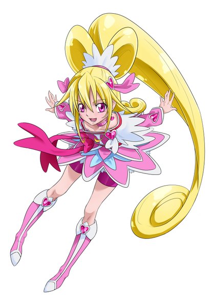 Anime picture 1240x1753 with precure dokidoki! precure toei animation aida mana cure heart nukosann single long hair tall image blonde hair white background ponytail pink eyes girl dress boots