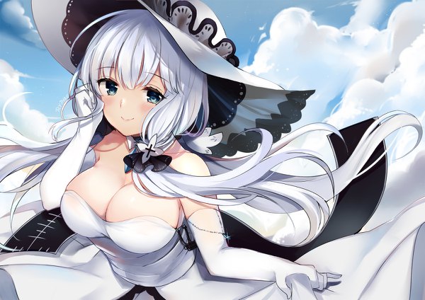 Anime picture 1200x848 with azur lane illustrious (azur lane) ry thae single long hair looking at viewer blush fringe breasts blue eyes light erotic smile hair between eyes large breasts twintails bare shoulders sky cleavage silver hair cloud (clouds)