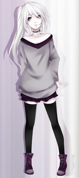Anime picture 800x1781 with original seethli single long hair tall image highres purple eyes bare shoulders white hair ponytail shadow gradient background pale skin girl thighhighs skirt black thighhighs choker boots cross-laced footwear