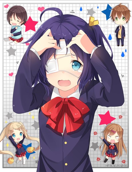 Anime picture 694x900 with chuunibyou demo koi ga shitai! kyoto animation takanashi rikka nibutani shinka dekomori sanae tsuyuri kumin togashi yuuta hitsukuya tall image short hair open mouth blue eyes blonde hair smile brown hair multiple girls green eyes purple hair ahoge ponytail